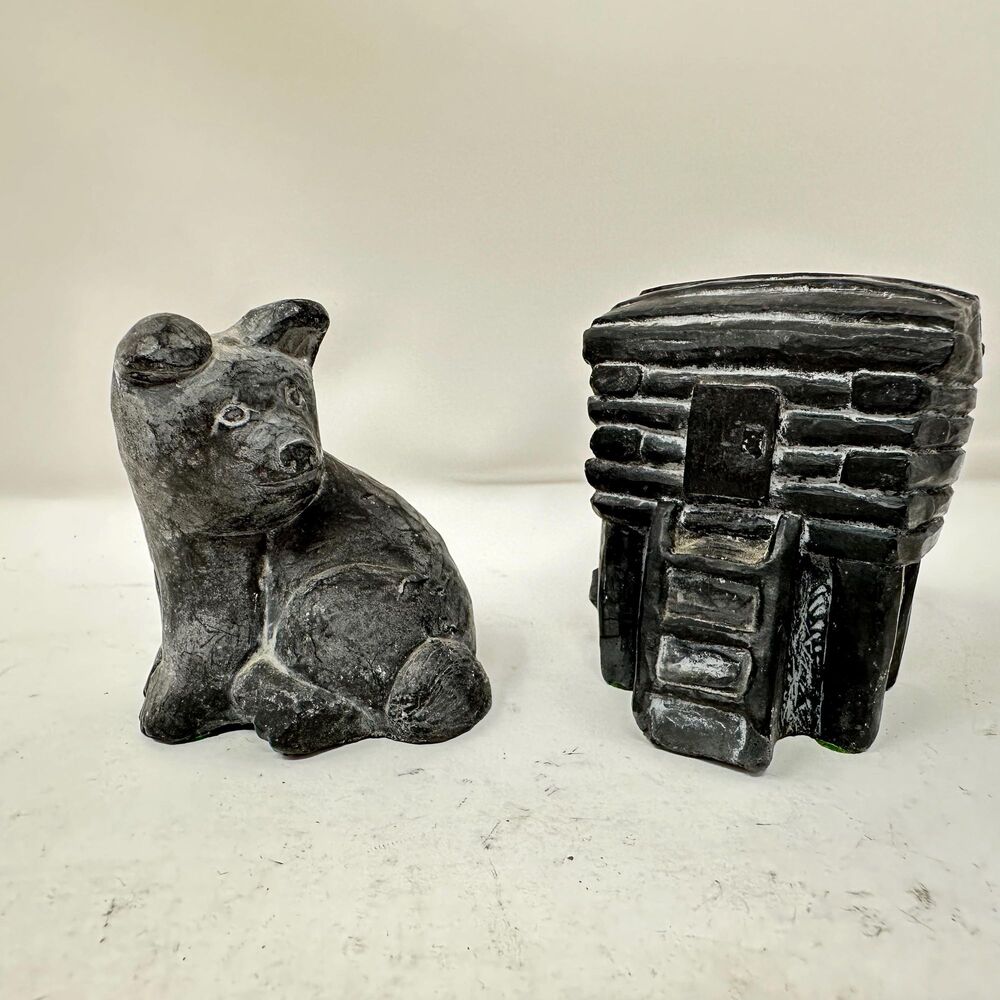 Vtg Created in Alaska Black Soapstone Bear & Log Cabin Figurine Set Art 2pc